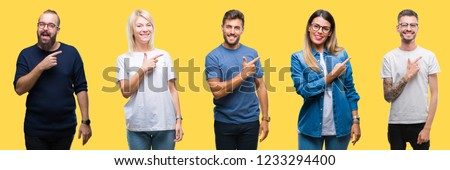 Collage of group people, women and men over colorful yellow isolated background cheerful with a smile of face pointing with hand and finger up to the side with happy and natural expression on face