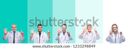 Collage of group of doctor people wearing stethoscope over colorful isolated background showing and pointing up with fingers number six while smiling confident and happy.