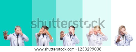 Collage of group of doctor people wearing stethoscope over colorful isolated background covering eyes with hands and doing stop gesture with sad and fear expression. Embarrassed and negative concept.