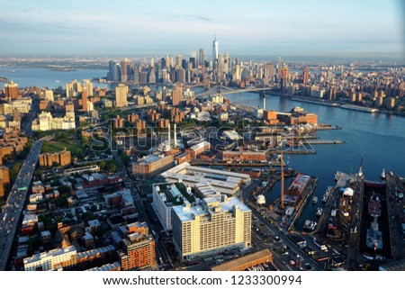 Aerial view of Brooklyn Navy Yard and Manhattan Skyline in background