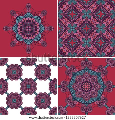 Set of ornamental red - blue  vector patterns, rosettes