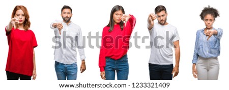 Collage of group chinese, indian, hispanic people over isolated background looking unhappy and angry showing rejection and negative with thumbs down gesture. Bad expression.