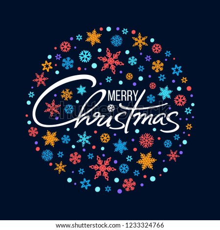 Merry Christmas handwritten lettering. White text on background of circle of snowflakes.Christmas typography isolated on black. Greeting card poster, invitation, banner, flyer template design. Vector.