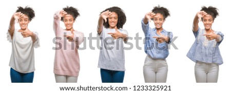 Collage of african american woman over isolated background smiling making frame with hands and fingers with happy face. Creativity and photography concept.