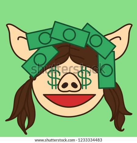 emoji with pig woman that is taking a money shower, female swimming in money with dollar signs in her eyes, simple hand drawn emoticon, simplistic colorful picture
