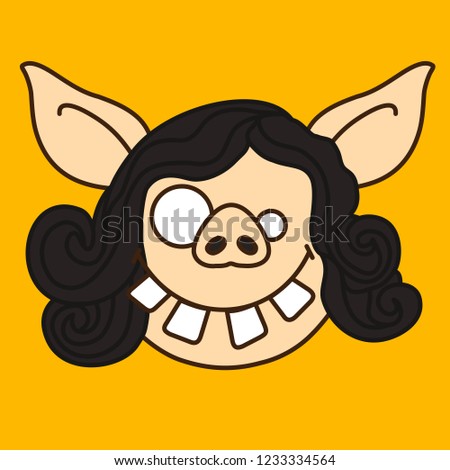 emoji with goofy pig woman's face with crooked teeth, differently sized eyes, silly & dumb facial expression & overall stupid look, simple hand drawn emoticon 