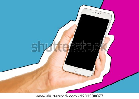 Fashion collage in magazine style and pop art style. Concept frame of blank smartphone. Young man holding a smartphone in the palm hand