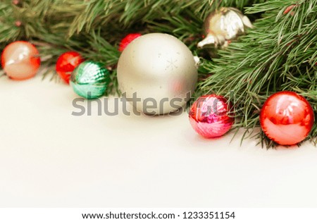 Christmas composition with decoration on white wooden background with copy space for your text