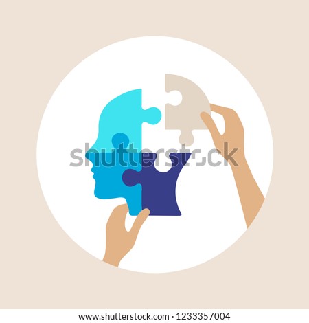 Mental health concept, vector illustration, puzzle shaped head lacking one piece, human hands placing the last piece in place