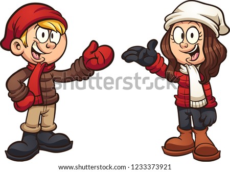 Cartoon kids wearing winter clothes. Vector clip art illustration with simple gradients. Each element on a separate layer.