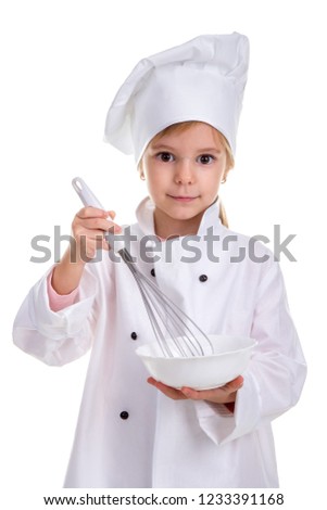 Girl chef white uniform isolated on white background. Holding the white drinking bowl with a whisk. Portrait image