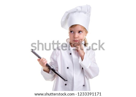 Girl chef white uniform isolated on white background. Holding the black ipad screen, thinking and looking up. Landscape image