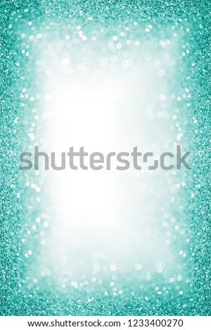 Elegant teal green glitter sparkle confetti background for turquoise happy birthday party invite, aqua mint color bridal frame, baby shower, pastel Spring or winter Christmas border with white space Royalty-Free Stock Photo #1233400270
