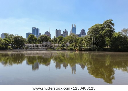 Swan family swimming in the lake of Piedmont park in Atlanta and amazing cityscape and reflections in the water