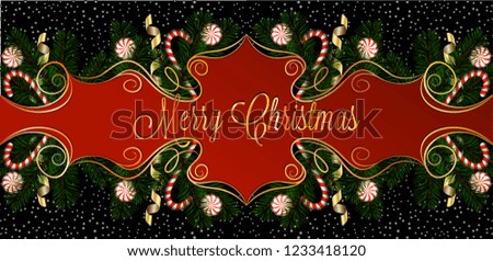 With Merry Christmas on a red-black background with branches of a Christmas tree