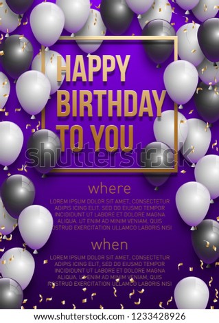 Happy birthday vector illustration - Golden foil confetti and white and black balloons With a violet background. Bright vector anniversary celebration banner. Greeting card for the birthday man.