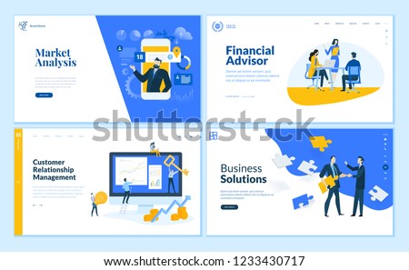 Set of flat design web page templates of market analysis, business solution, financial advisor, customer relationship management. Vector illustration concepts for website development. Royalty-Free Stock Photo #1233430717