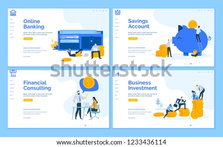 Set of flat design web page templates of online banking, financial consulting, savings, business investment. Modern vector illustration concepts for website and mobile website development.  Royalty-Free Stock Photo #1233436114