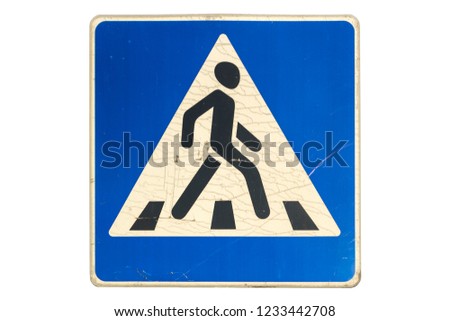 Road sign 'Pedestrian crossing' with cracks isolated on white.