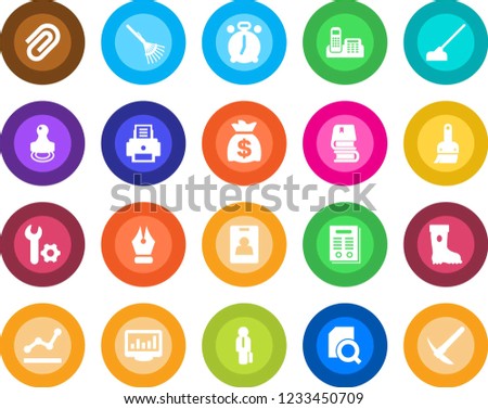 Round color solid flat icon set - alarm clock vector, money bag, rake, boot, hoe, themes, root setup, monitor statistics, paper clip, document search, identity card, ink pen, office phone, printer