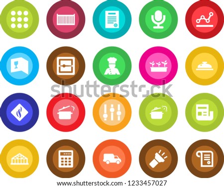 Round color solid flat icon set - seedling vector, greenhouse, cargo container, car delivery, settings, microphone, menu, scanner, torch, news, point graph, contract, cook, wine card, reception