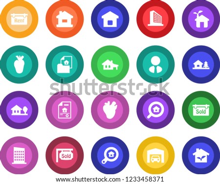 Round color solid flat icon set - office building vector, real heart, house, with garage, tree, estate document, rent, sold signboard, search, agent, smart home, city, eco