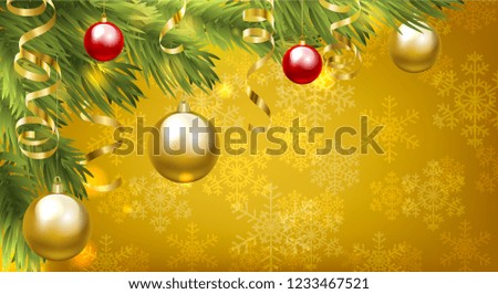 Christmas baubles and golden serpentine streamers. Christmas card