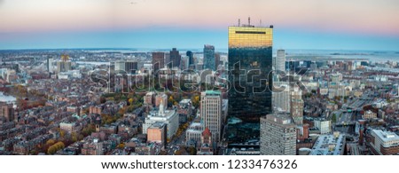 Panoramic View of Downtown Boston with Fall Season Colors on Trees on Boston Common Park