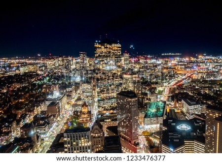 Panoramic View of the Night Life of Downtown Boston with Clear Skies