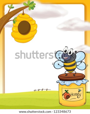 Illustration of honey bee and bottle in a beautiful nature