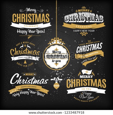 Christmas and happy new year letteting in gold and black colors.Type composition.