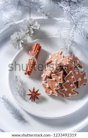Sweet and tasty gingerbread cookies for Christmas on white