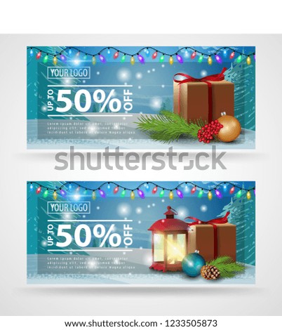 Christmas discount card with beautiful winter landscape, gifts and antique lamp