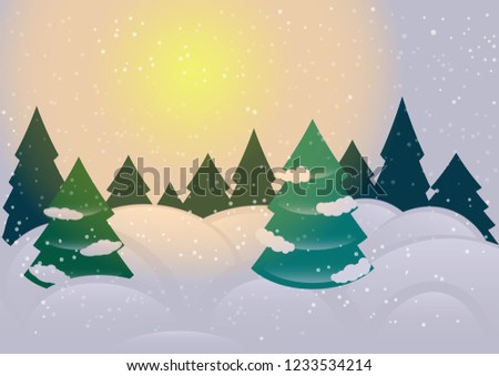 The vector illustration of the colorful cartoon of the winter afternoon snowy landscape with fir-trees
