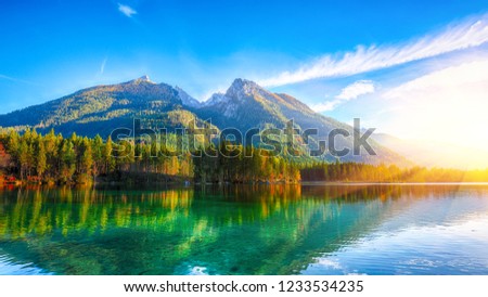 autumn sunset of Hintersee lake. Beautiful scene of trees near turquoise water of Hintersee lake. Location: resort Ramsau, National park Berchtesgadener Land, Upper Bavaria, Germany Alps, Europe