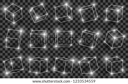 Silver shiny 3D cubes pack isolated on transparent background. Different light, perspective and angle. Glowing white metal 3d frames set. Vector illustration