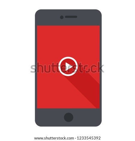 Vector technology mobile phone icon. Black Smartphone illustration in flat style. On the screen video  start button.