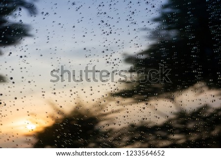 Rain drop on black glass surface with the sun light background.