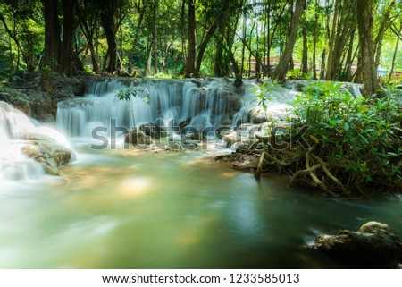 l.andscape view of Kroeng Krawia Waterfall  located in Khao Laem National Park, Kanchanaburi Thailand.