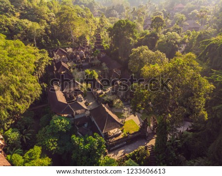 Aerial shot of the Pura Gunung Lebah temple in Ubud on the Bali island