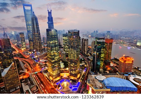 view from the Oriental Pearl TV Tower.shanghai lujiazui financial center aside the huangpu river. Royalty-Free Stock Photo #123362839