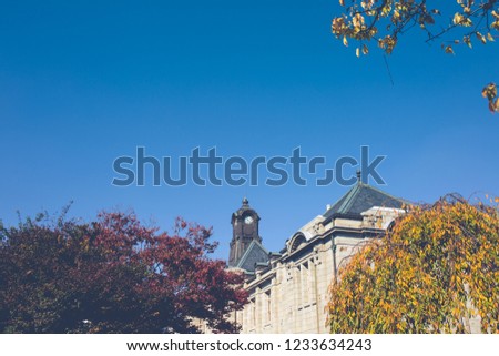 Ancient clock tower on the roof of the old building has red leaves, orange and blue skies. Autumn in Yamagata, Japan,Vintage colors picture.fall Leaves color change.