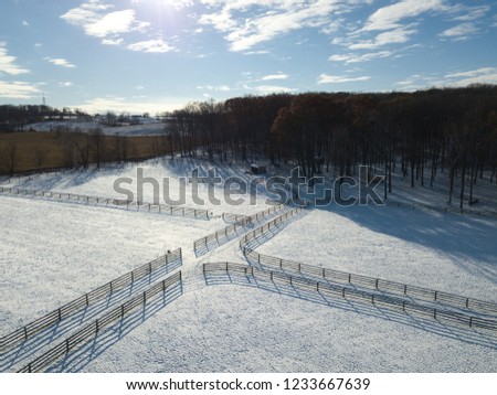 Fabulous winter landscape with fresh snow wooden fence Horses farm, snow on the trees