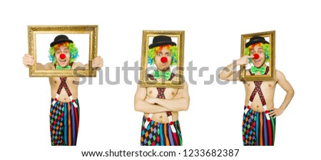 Clown with picture frame isolated on white