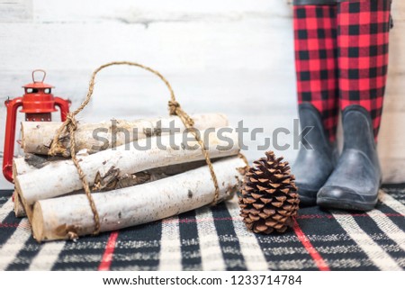 Rustic winter farmhouse background with space for copy - boots, birch logs, pinecone and red lantern