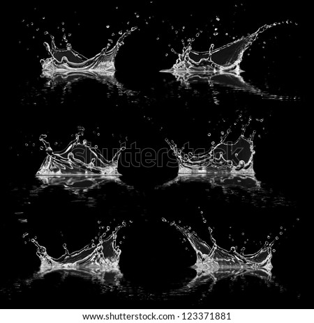 Water splashes collection, isolated on black background