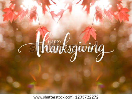 Happy Thanksgiving Greeting on Autumn leaves blur background