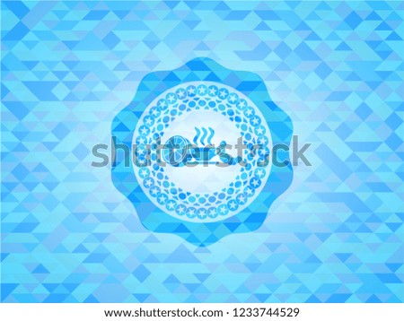 breakfast  icon inside light blue emblem with mosaic ecological style background