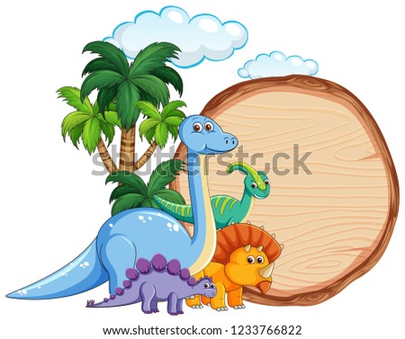 Many dinosaur on wooden banner illustration
