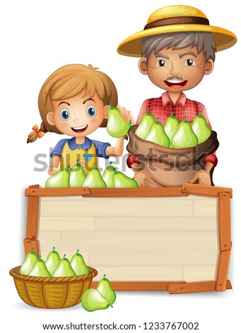 Farmer with pear on wooden banner illustration